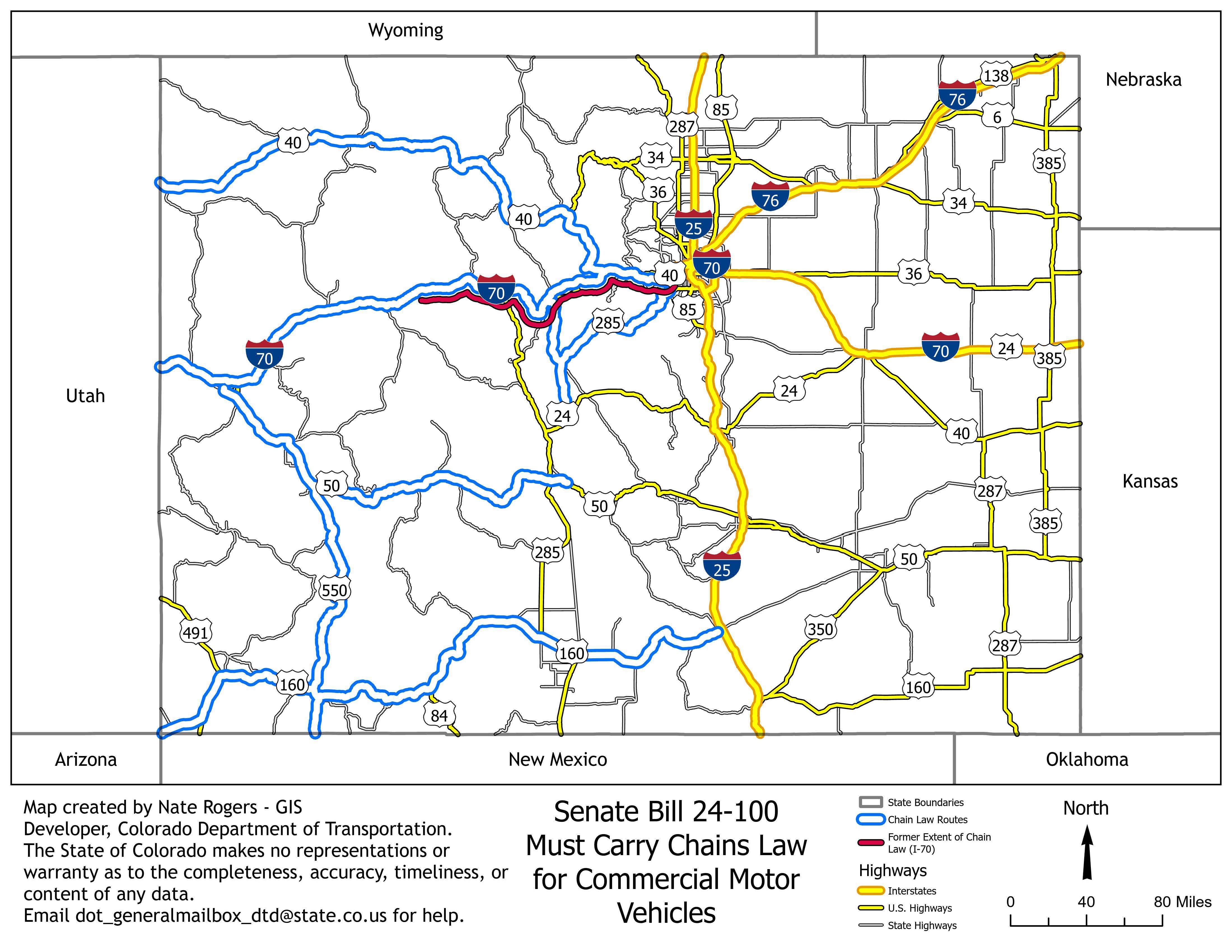 This map illustrates the routes in Colorado impacted by Colorado Senate Bill 24-100, which mandates chain requirements for commercial motor vehicles (CMVs). The bill covers seven key routes.